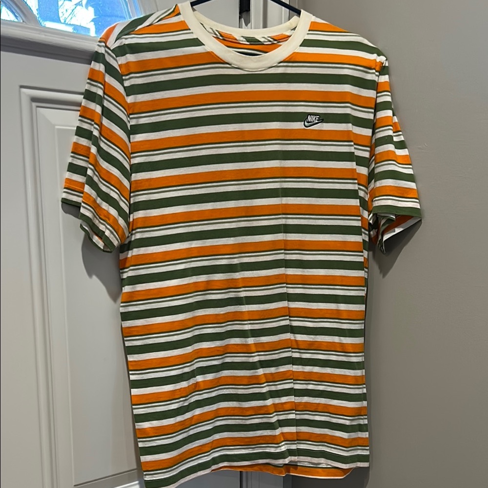 Nike Men's Striped T-Shirt - Green, Orange, and White
